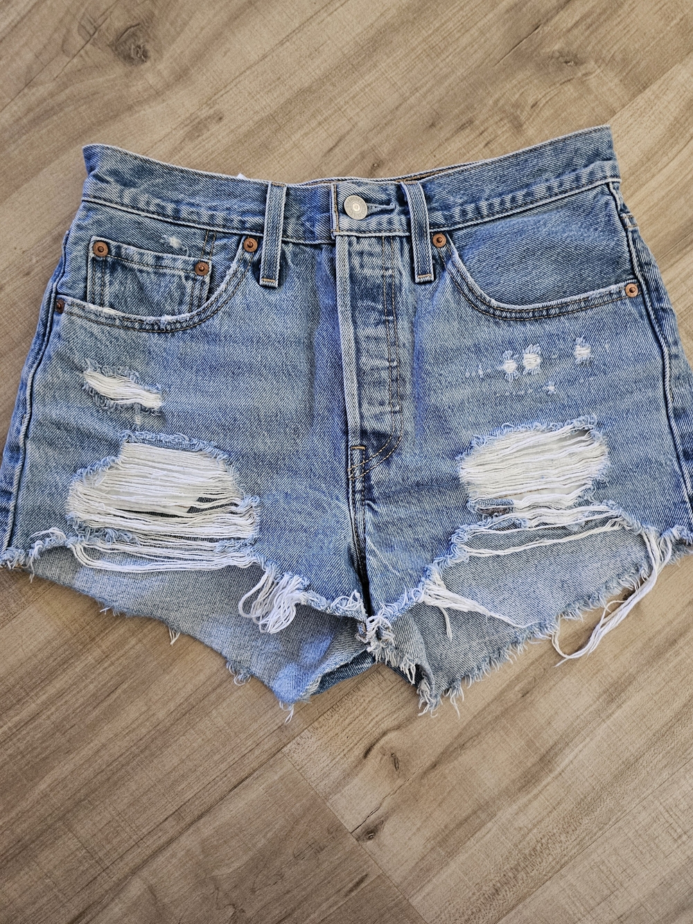 Levi's 501 Distressed Light Blue Denim Shorts Size 27